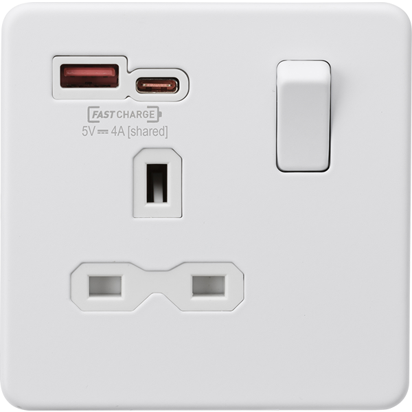 Knightsbridge Screwless 13A 1 Gang Switched Socket Dual USB A+C Matt White