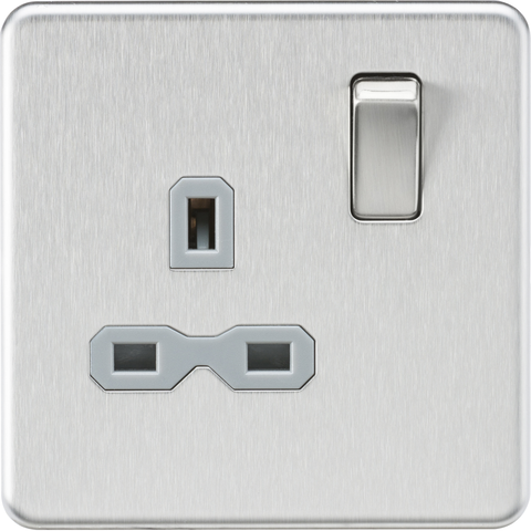 Knightsbridge Screwless 13A 1 Gang Switched Socket Brushed Chrome Grey Insert