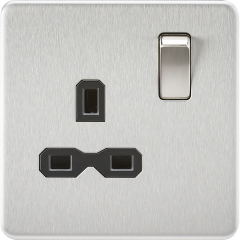 Knightsbridge Screwless 13A 1 Gang Switched Socket Brushed Chrome Black Insert