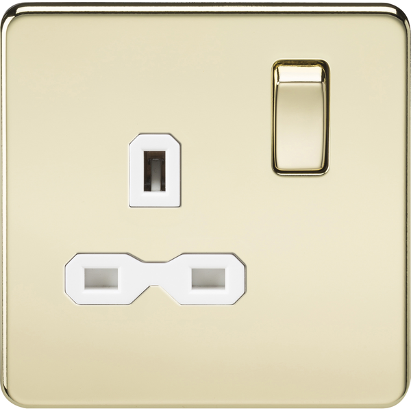 Knightsbridge Screwless 13A 1 Gang Switched Socket Polished Brass White Insert