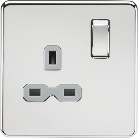 Knightsbridge Screwless 13A 1 Gang Switched Socket Polished Chrome Grey Insert