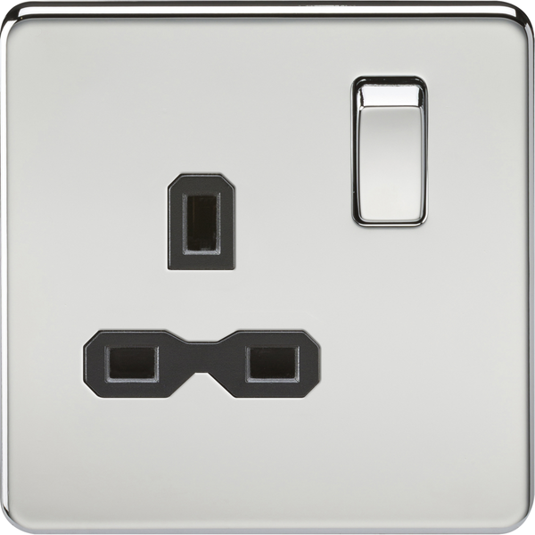 Knightsbridge Screwless 13A 1 Gang Switched Socket Polished Chrome Black Insert