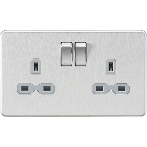 Knightsbridge Screwless 13A 2 Gang Switched Socket Brushed Chrome Grey Insert