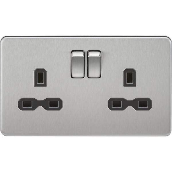 Knightsbridge Screwless 13A 2 Gang Switched Socket Brushed Chrome Black Insert