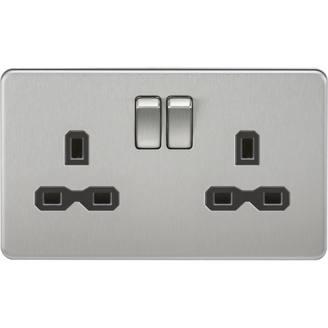 Knightsbridge Screwless 13A 2 Gang Switched Socket Brushed Chrome Black Insert