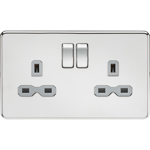 Knightsbridge Screwless 13A 2 Gang Switched Socket Polished Chrome Grey Insert