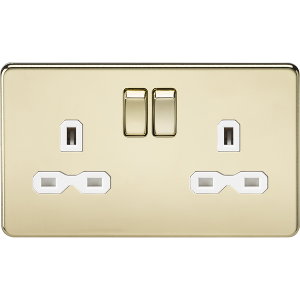 Knightsbridge Screwless 13A 2 Gang Switched Socket Polished Brass White Insert