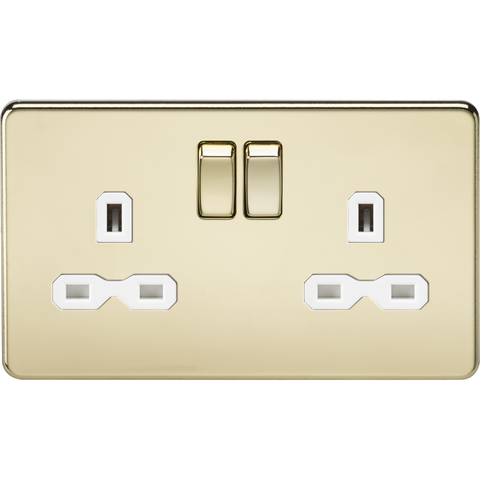 Knightsbridge Screwless 13A 2 Gang Switched Socket Polished Brass White Insert