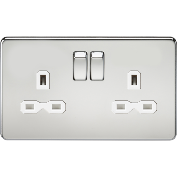 Knightsbridge Screwless 13A 2 Gang Switched Socket Polished Chrome White Insert