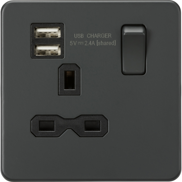 Knightsbridge Screwless 13A 1 Gang Switched Socket Dual USB Anthracite