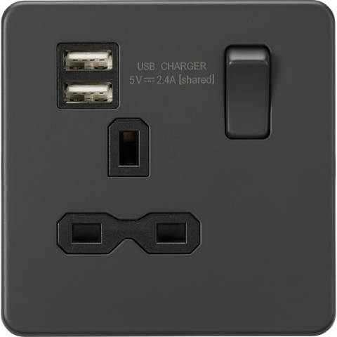 Knightsbridge Screwless 13A 1 Gang Switched Socket Dual USB Anthracite