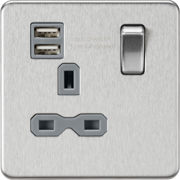Knightsbridge Screwless 13A 1 Gang Switched Socket Dual USB Brushed Chrome Grey Insert