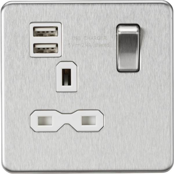 Knightsbridge Screwless 13A 1 Gang Switched Socket Dual USB Brushed Chrome White Insert