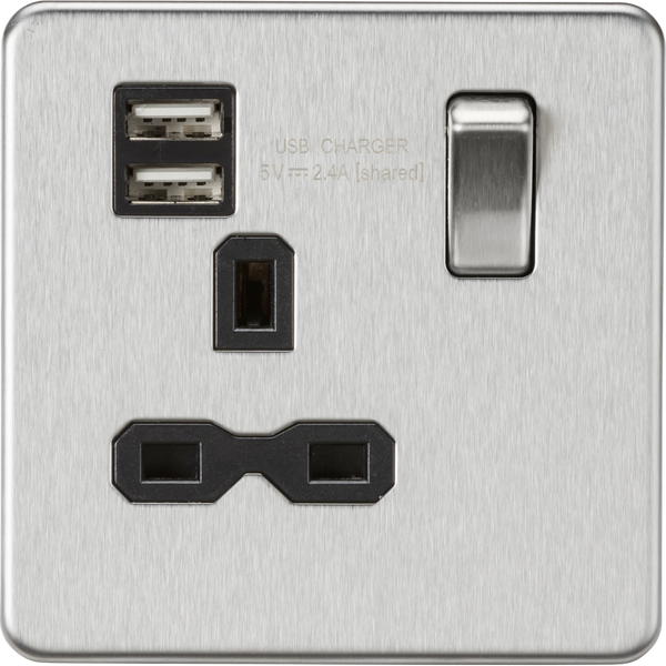 Knightsbridge Screwless 13A 1 Gang Switched Socket Dual USB Brushed Chrome Black Insert