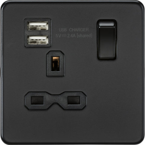 Knightsbridge Screwless 13A 1 Gang Switched Socket Dual USB Matt Black