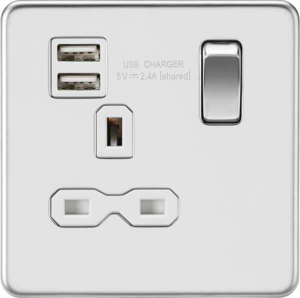 Knightsbridge Screwless 13A 1 Gang Switched Socket Dual USB Polished Chrome White Insert
