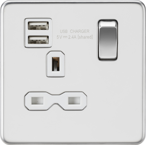 Knightsbridge Screwless 13A 1 Gang Switched Socket Dual USB Polished Chrome White Insert