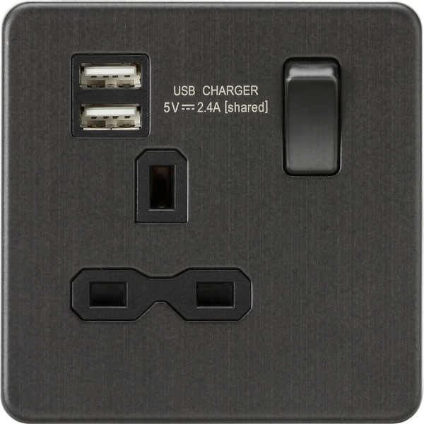 Knightsbridge Screwless 13A 1 Gang Switched Socket Dual USB Smoked Bronze