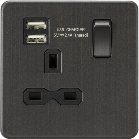 Knightsbridge Screwless 13A 1 Gang Switched Socket Dual USB Smoked Bronze