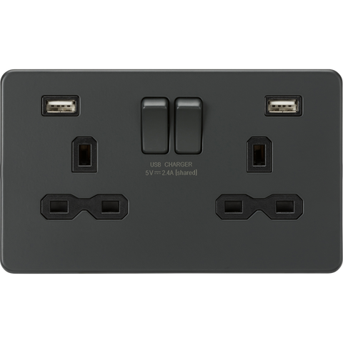 Knightsbridge Screwless 13A 2 Gang Switched Socket Dual USB Anthracite