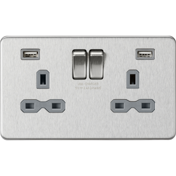 Knightsbridge Screwless 13A 2 Gang 2 USB Port Switched Socket Brushed Chrome Grey Insert