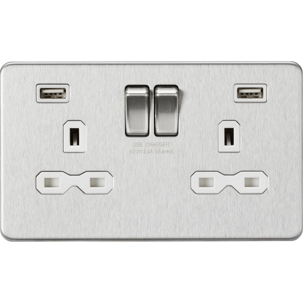 Knightsbridge Screwless 13A 2 Gang 2 USB Port Switched Socket Brushed Chrome White Insert