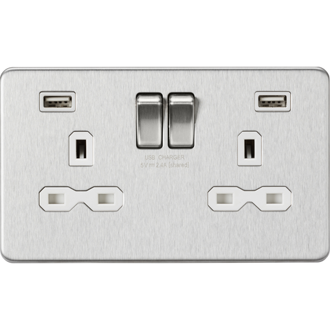 Knightsbridge Screwless 13A 2 Gang 2 USB Port Switched Socket Brushed Chrome White Insert