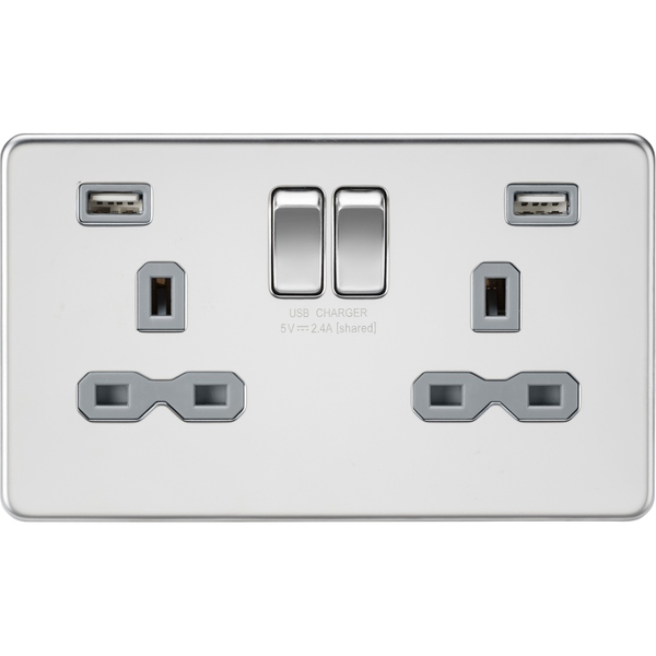 Knightsbridge Screwless 13A 2 Gang 2 USB Port Switched Socket Polished Chrome Grey Insert