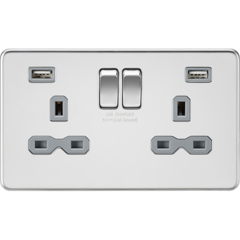 Knightsbridge Screwless 13A 2 Gang 2 USB Port Switched Socket Polished Chrome Grey Insert