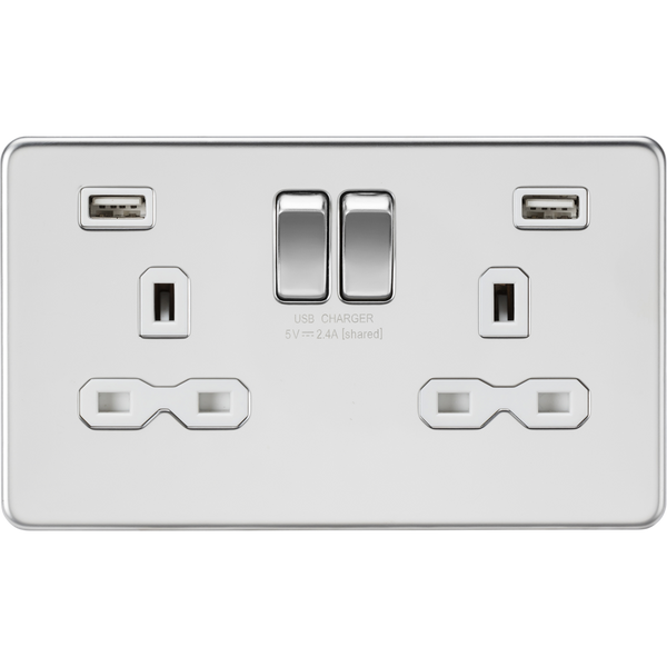 Knightsbridge Screwless 13A 2 Gang 2 USB Port Switched Socket Polished Chrome White Insert