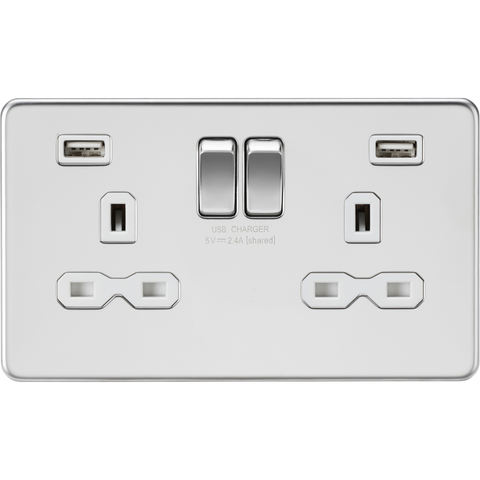 Knightsbridge Screwless 13A 2 Gang 2 USB Port Switched Socket Polished Chrome White Insert