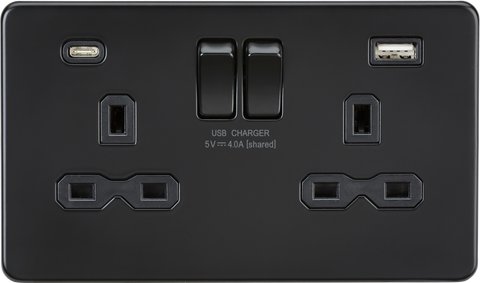 Knightsbridge Screwless 13A 2 Gang Switched Socket Dual USB A+C Matt Black with Black Insert
