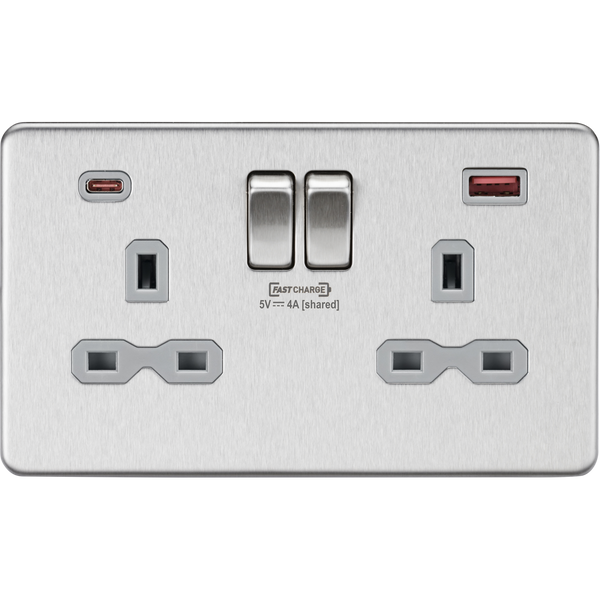 Knightsbridge Screwless 13A 2 Gang Switched Socket Dual USB A+C 18W Brushed Chrome Grey Insert