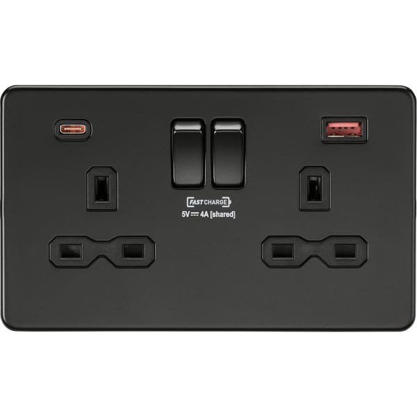 Knightsbridge Screwless 13A 2 Gang Switched Socket Dual USB A+C 18W Matt Black
