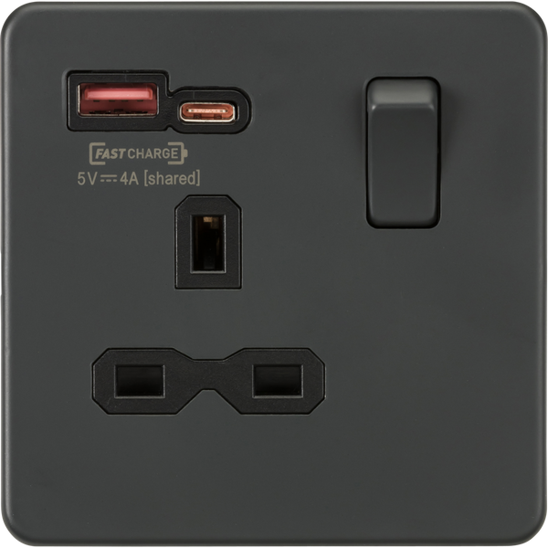 Knightsbridge Screwless 13A 1 Gang Switched Socket Dual USB A+C Anthracite