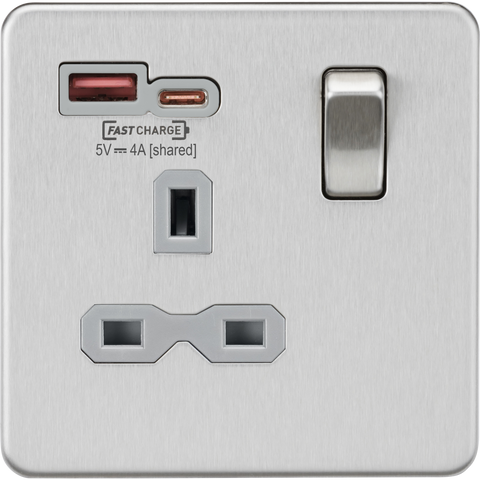 Knightsbridge Screwless 13A 1 Gang Switched Socket Dual USB A+C Brushed Chrome Grey Insert