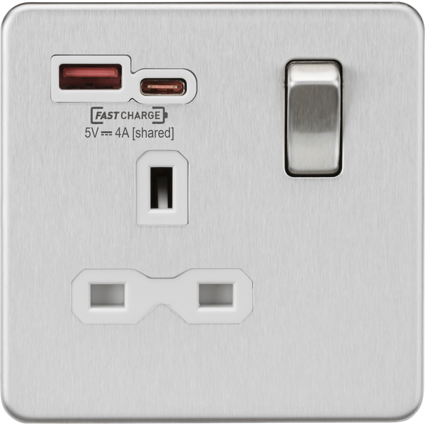 Knightsbridge Screwless 13A 1 Gang Switched Socket Dual USB A+C Brushed Chrome White Insert