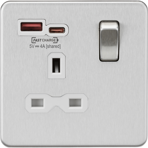 Knightsbridge Screwless 13A 1 Gang Switched Socket Dual USB A+C Brushed Chrome White Insert