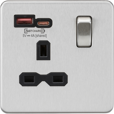 Knightsbridge Screwless 13A 1 Gang Switched Socket Dual USB A+C Brushed Chrome Black Insert