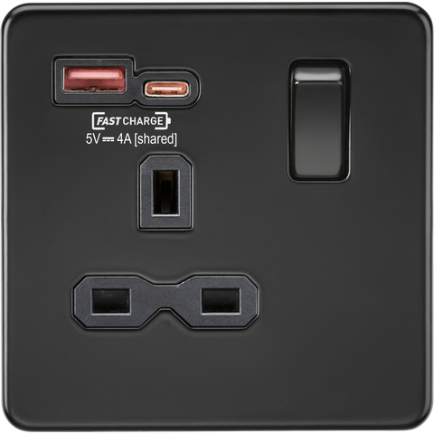 Knightsbridge Screwless 13A 1 Gang Switched Socket Dual USB A+C Matt Black