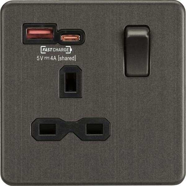 Knightsbridge Screwless 13A 1 Gang Switched Socket Dual USB A+C Smoked Bronze