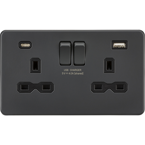 Knightsbridge Screwless 13A 2 Gang Switched Socket Dual USB A+C Anthracite with Black Insert