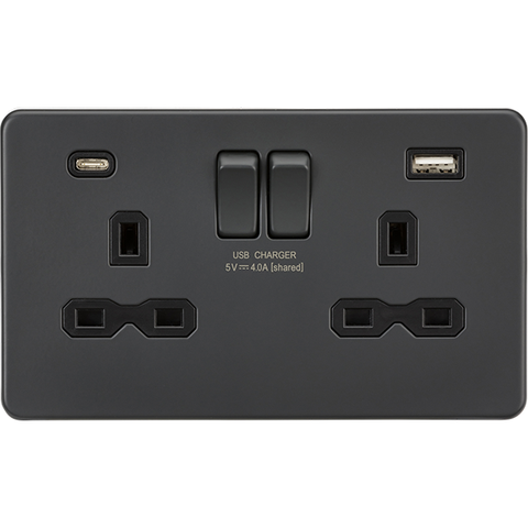 Knightsbridge Screwless 13A 2 Gang Switched Socket Dual USB A+C Anthracite with Black Insert