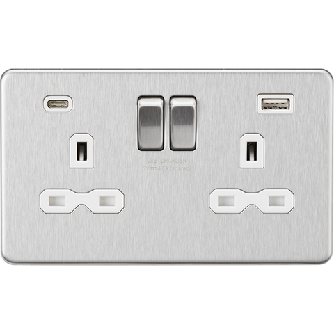 Knightsbridge Screwless 13A 2 Gang Switched Socket Dual USB A+C Brushed Chrome with White Insert