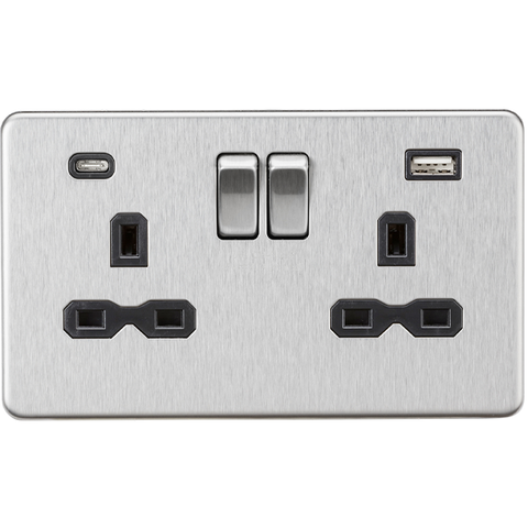 Knightsbridge Screwless 13A 2 Gang Switched Socket Dual USB A+C Brushed Chrome with Black Insert