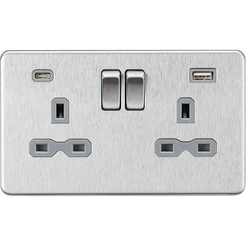 Knightsbridge Screwless 13A 2 Gang Switched Socket Dual USB A+C Brushed Chrome with Grey Insert
