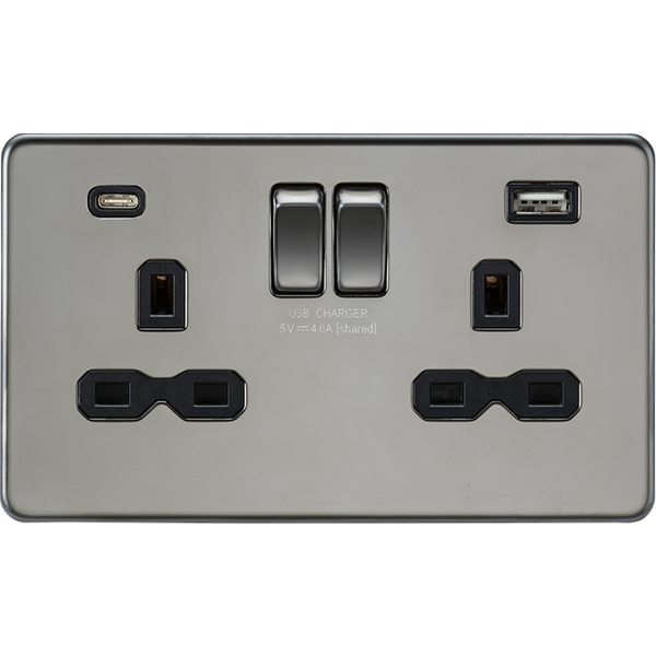 Knightsbridge Screwless 13A 2 Gang Switched Socket Dual USB A+C Black Nickel with Black Insert