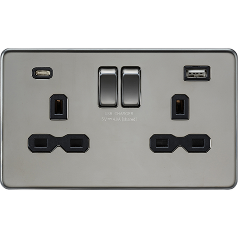 Knightsbridge Screwless 13A 2 Gang Switched Socket Dual USB A+C Black Nickel with Black Insert