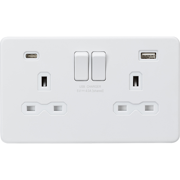 Knightsbridge Screwless 13A 2 Gang Switched Socket Dual USB A+C Matt White