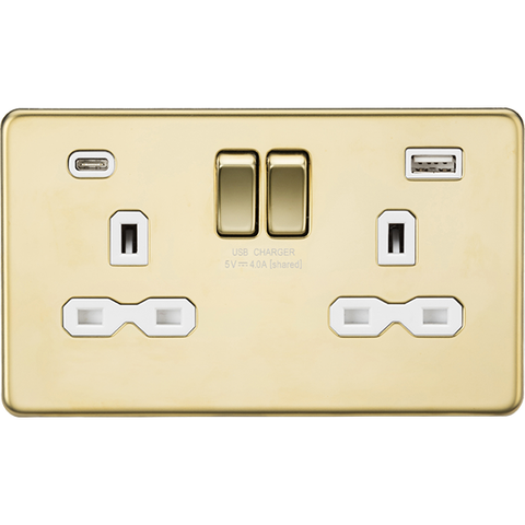 Knightsbridge Screwless 13A 2 Gang Switched Socket Dual USB A+C Polished Brass with White Insert